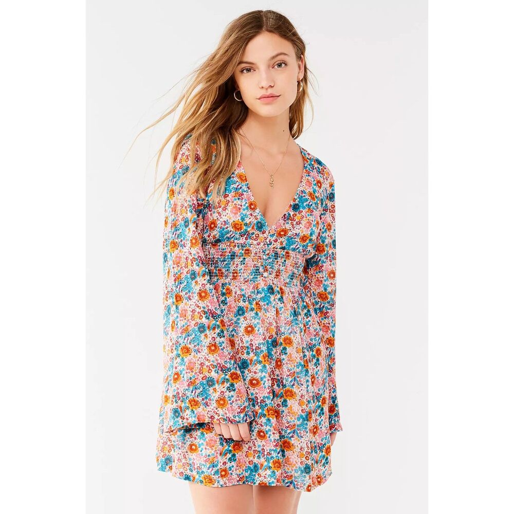 Urban Outfitters Floral Elise Smocked-Waist Mini Dress Size Large